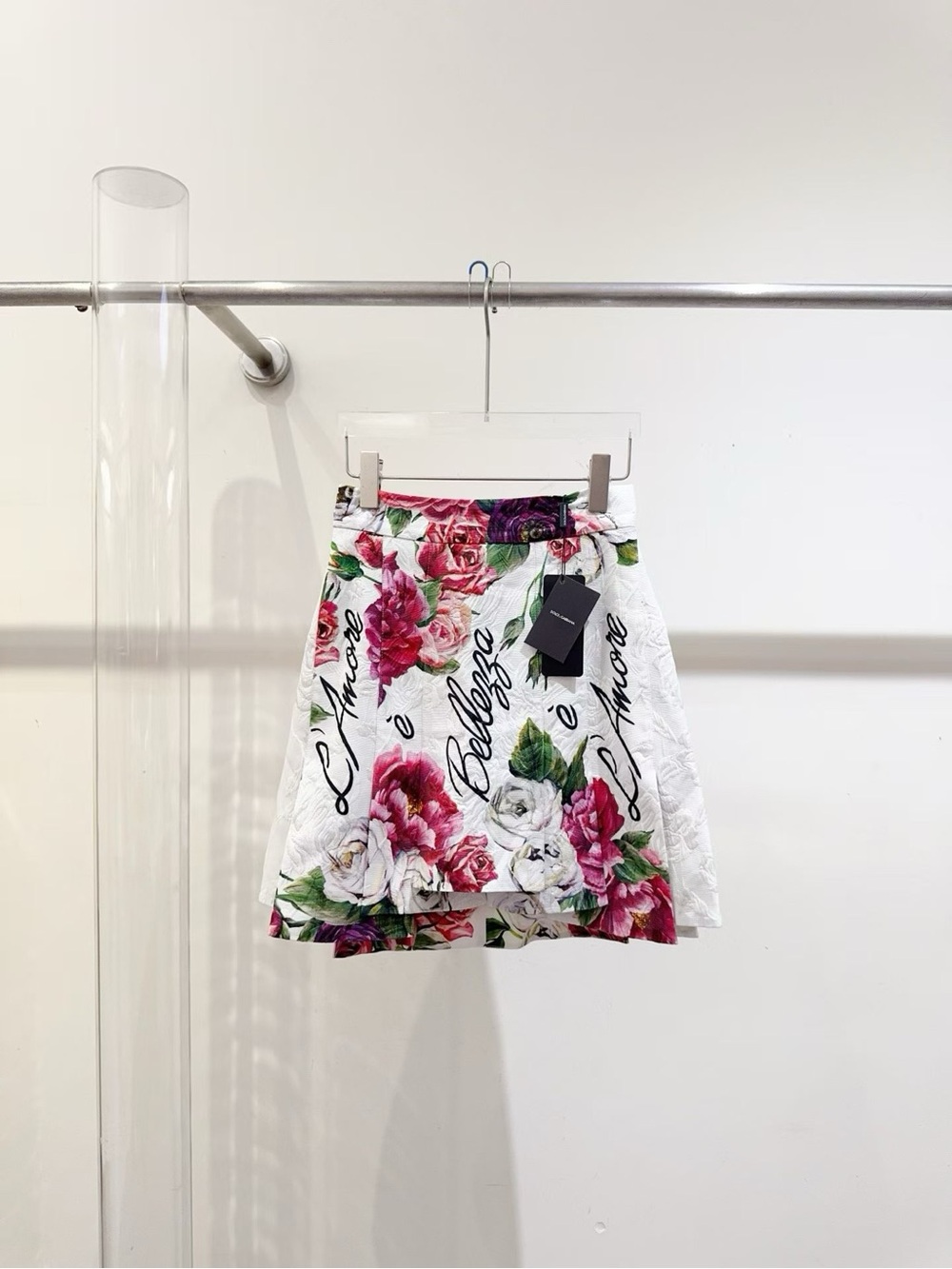 Dolce & Gabbana White Floral Skater Skirt with Script Detail